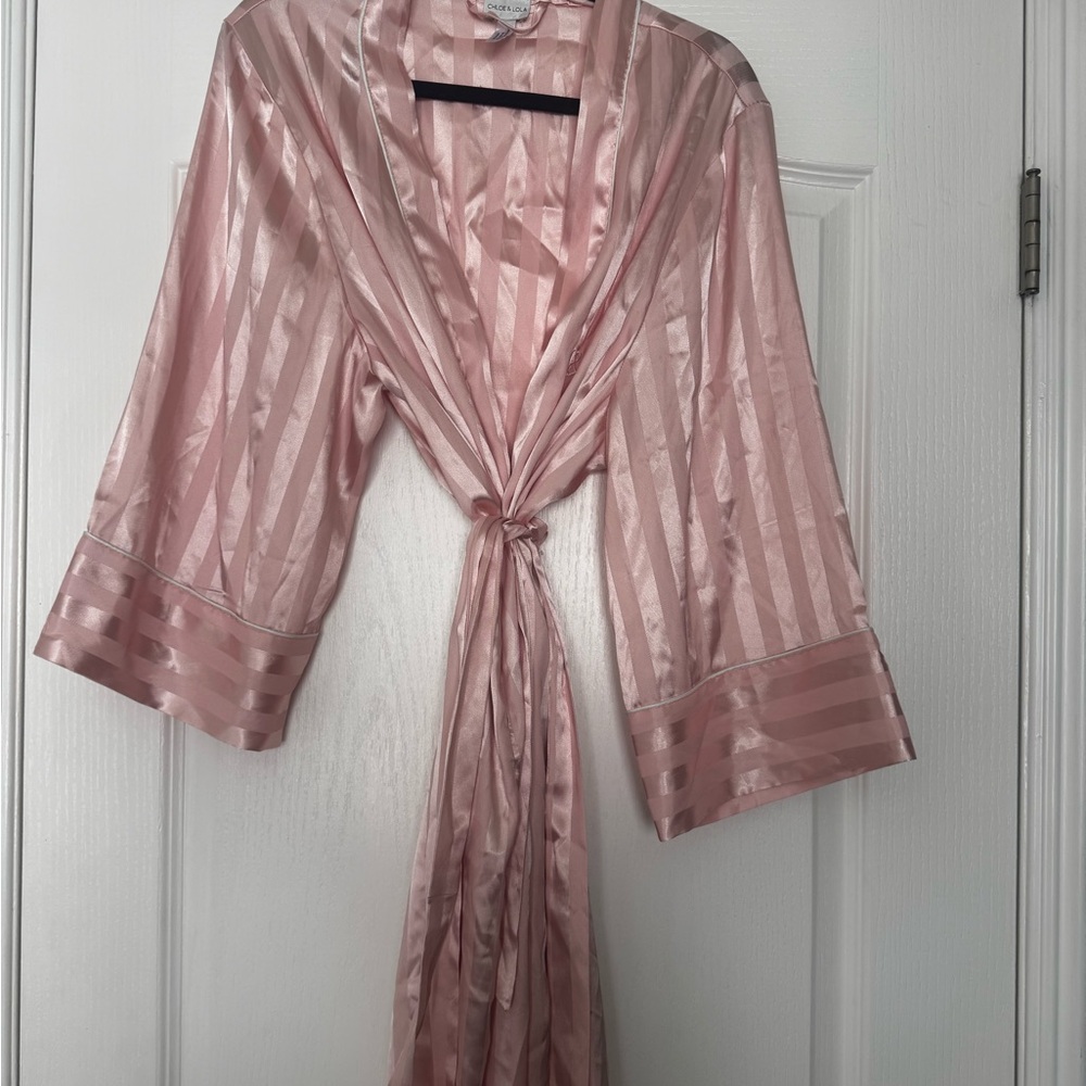 Satin Striped Tie-Front Robe in Blush Pink